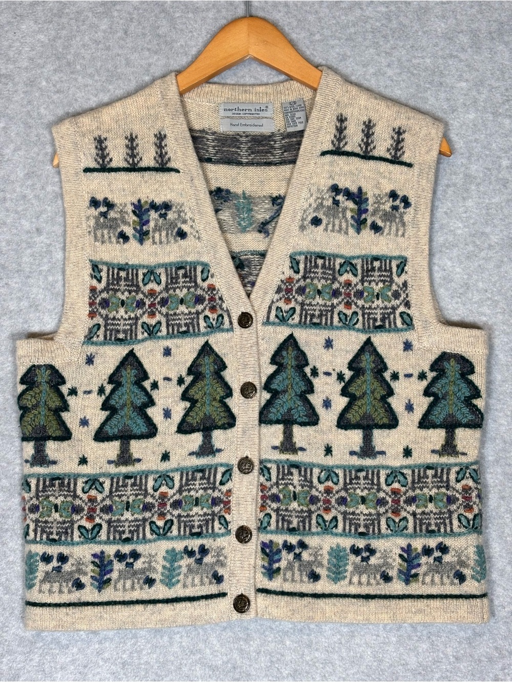 Vintage Northern Isles Hand Embroidered Tree Wool Cardigan Sweater Vest-Large